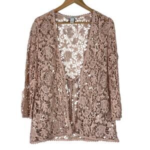 Chico's Cardigan Womens S Pink 100% Cotton Floral Crochet Lace Tie Front Boho